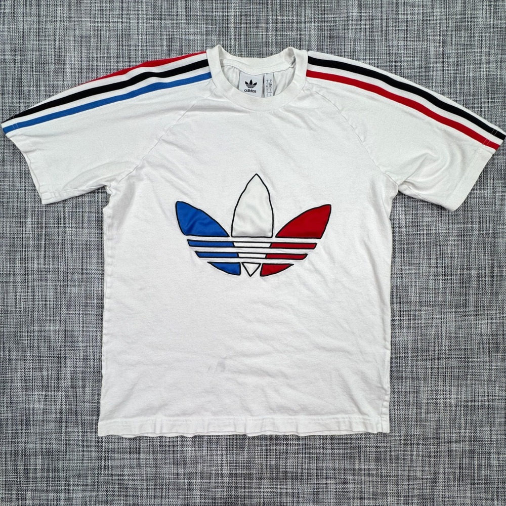 Adidas Originals Mens Small Tricolor Trefoil T Shirt White Cotton Raglan Stripes